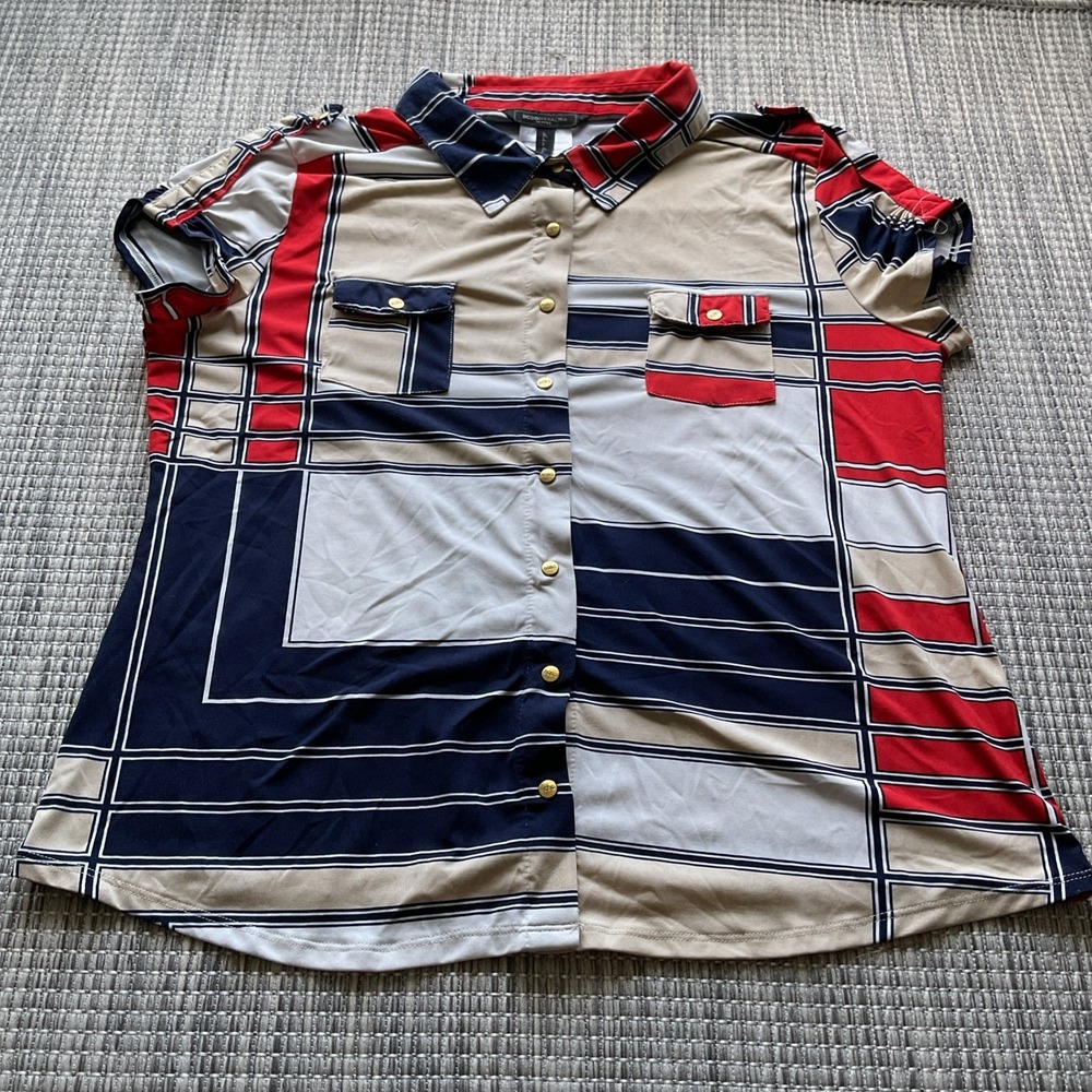 BCBGMAXAZRIA Petite Color block Geometric Button Shirt Red Navy PXL BCP33430-1